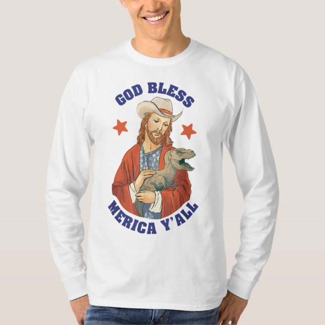 Gott segne Merica Y'all Jesus Dinosaur Cowboy Hat T-Shirt (Vorderseite)