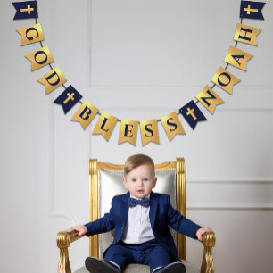 Gott segne Name Gold Navy Blau Taufe Kommunion Wimpelkette