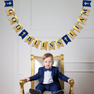 Gott segne Name Gold Royalblau Taufe Kommunion Wimpelkette