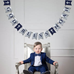 Gott segne Name Silber Navy Blau Taufe Kommunion Wimpelkette