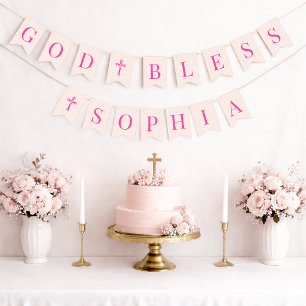Gott segne rosa Mädchen 6 Buchstaben Taufe & Kommu Wimpelkette