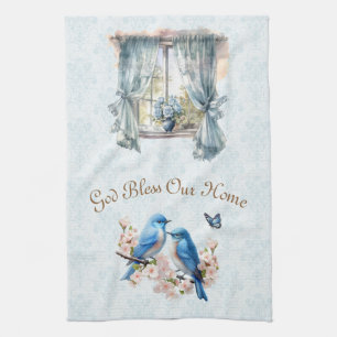 Gott segne unsere Zuhause Bluebird Floral Damask Geschirrtuch