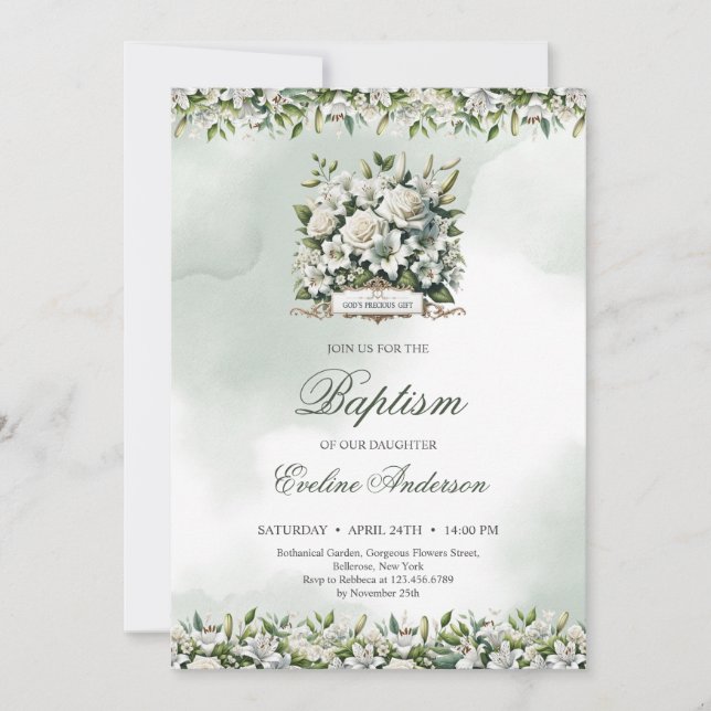 Gottes wertvolles Geschenk Grün und Goldtaufe Einladung (Vorderseite)