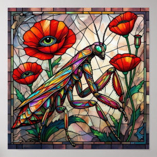 Gottesanbeterin Mohnblume Buntglas Insekt Poster