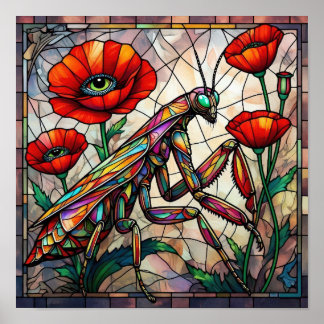 Gottesanbeterin Mohnblume Buntglas Insekt Poster