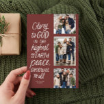 Gottesherrschaft drei Foto religiöser Weihnachten<br><div class="desc">Ruhm Gott in der höchsten! Diese religiöse Weihnachtskarte zeigt drei Fotos zusammen mit dem Bibelvers von Luke 2:14 in handgeschriebenem Stil. Diese drei Foto Christliche Weihnachtskarte ist ideal für aussagekräftige Weihnachtsgrüße. Der Typ auf der Vorderseite ist cremefarben auf einem rot leuchtenden Hintergrund, und die Rückseite ist ein passender Mond mit...</div>