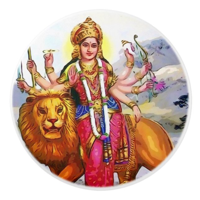Göttin Durga mit Löwe-Malerei Keramikknauf (Vorderseite)