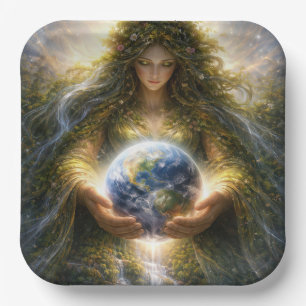 Göttin Gaia hält den Planeten Erde sanft Pappteller