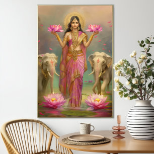 Göttin Lakshmi: Rosa Goldene Florale Elefanten  Poster