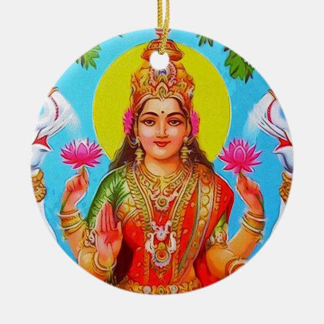 Göttin Lakshmi weiße Elefanten Diwali Malerei Keramik Ornament (Vorne)