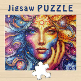 Göttinnenkopf fließendes Haar zwei farbige Augen O Puzzle