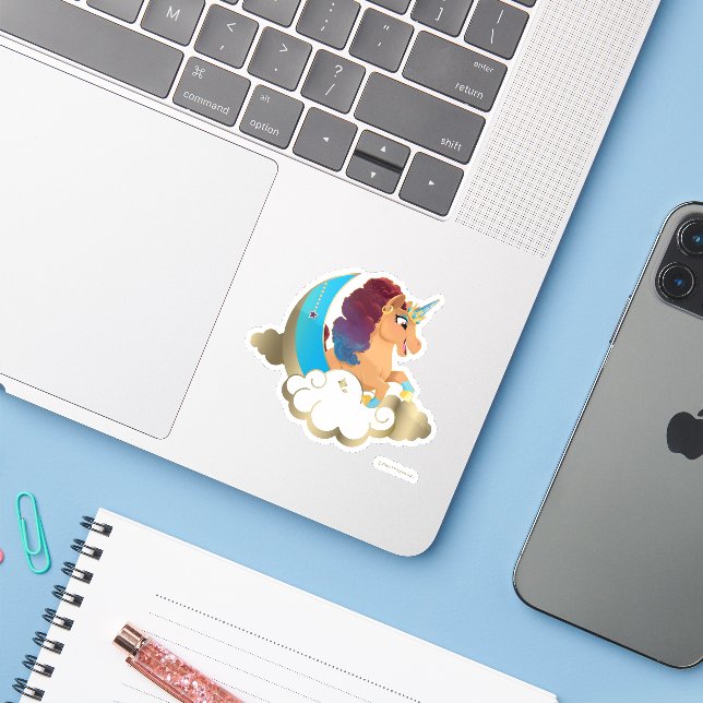 Göttlich das Einhorn | Mond und Wolken Aufkleber (Laptop mit iPhone)