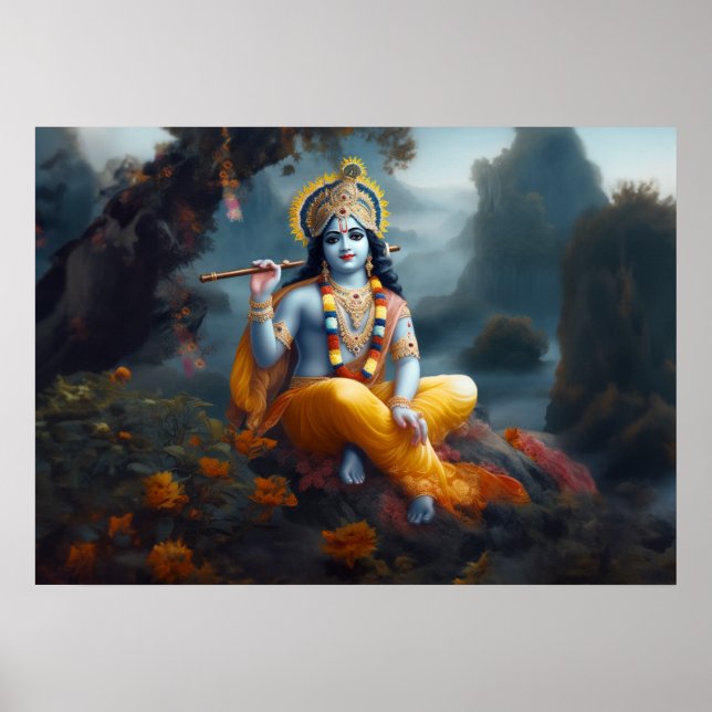 Göttliche Blaue Herr Krishna Kunst Poster (Vorne)