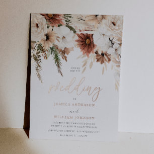 Göttliche Boho- & Gold-Rouge-Hochzeit mit Blumen Folieneinladung