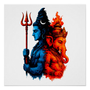 Göttliche Dualität: Blaues Shiva & Ganesha T-Shirt Poster