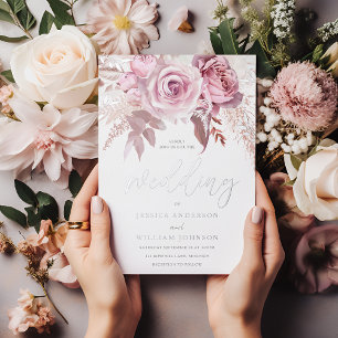 Göttliche moderne Floral-Hochzeit in Rosa und Silb Folieneinladung