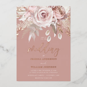 Göttliche Rose Gold Staubige Rosen Blumen Hochzeit Folieneinladung