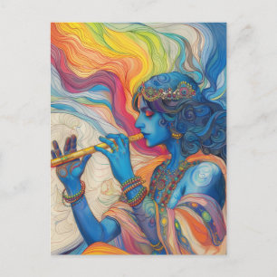 Göttlicher Herr Krishna spielt Flöte Surreal Regen Postkarte