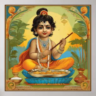 Göttlicher Lord Krishna in der Kindheit mit Flute Poster
