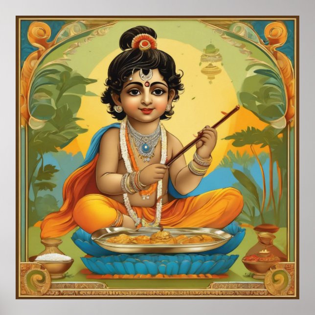 Göttlicher Lord Krishna in der Kindheit mit Flute Poster (Vorne)