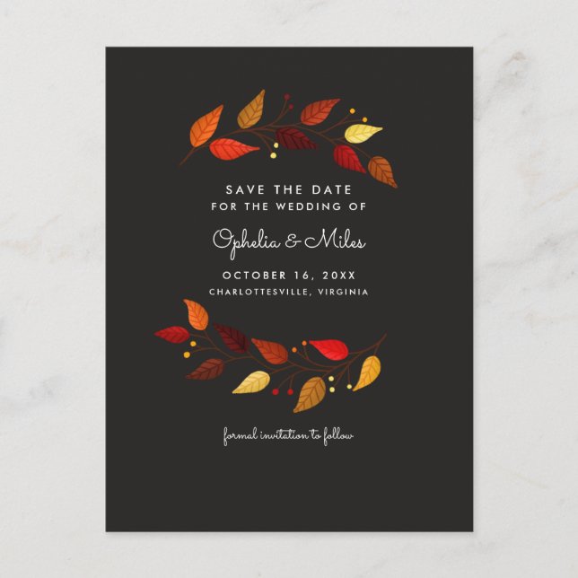 Gouache Autumn Leaves auf Black Save the Date Ankündigungspostkarte (Vorderseite)