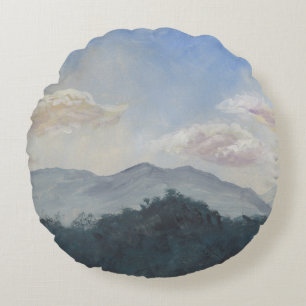 Gouache Blue Mountains: Lebhafte Naturlandschaft Rundes Kissen