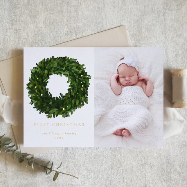 Gouache Boxwood Wreath First Baby Christmas Foto (Von Creator hochgeladen)