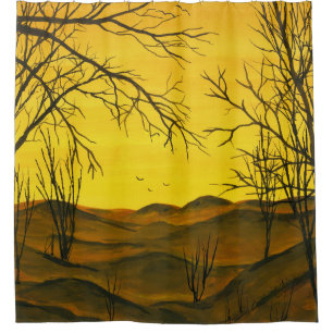 Gouache Malerei: gelber Himmel, braun. Duschvorhang