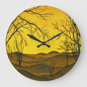 Gouache Malerei: gelber Himmel, braun. Große Wanduhr