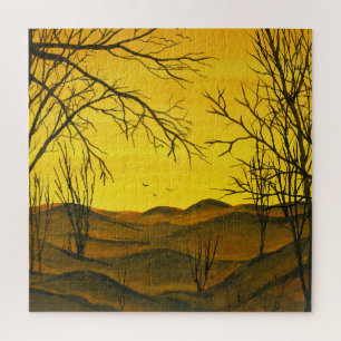 Gouache Malerei: gelber Himmel, braun. Puzzle