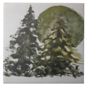 Gouache Pine Trees vor der Sonnenlandschaft Fliese