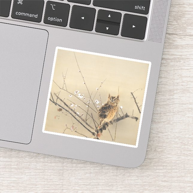 Goun Eule mit früher Pflaume blüht Woodblock Aufkleber (Detail)