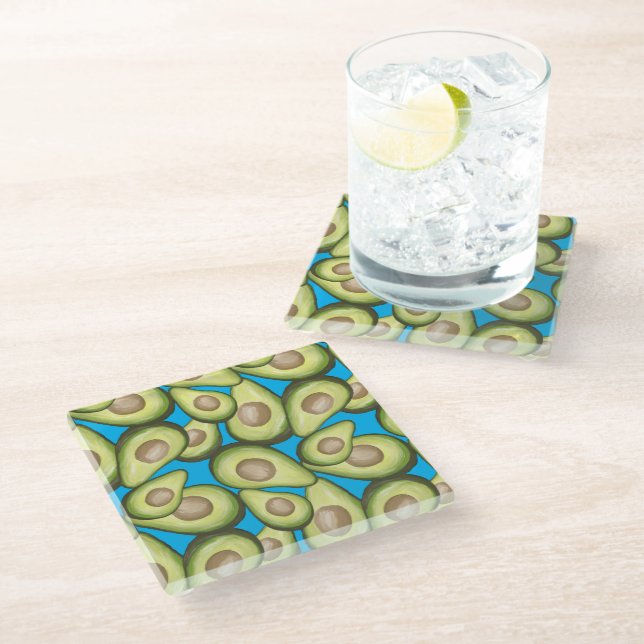Gourmet Fresh Cut Vegan Avocado Pattern Glass Glasuntersetzer (Schrägansicht)