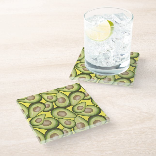 Gourmet Fresh Cut Vegan Avocado Pattern Glass Glasuntersetzer (Schrägansicht)