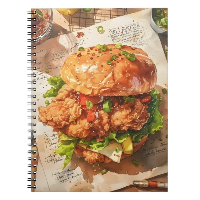 Gourmet Fried Chicken Burger Wasserfarben Rezept Notizblock (Vorderseite)