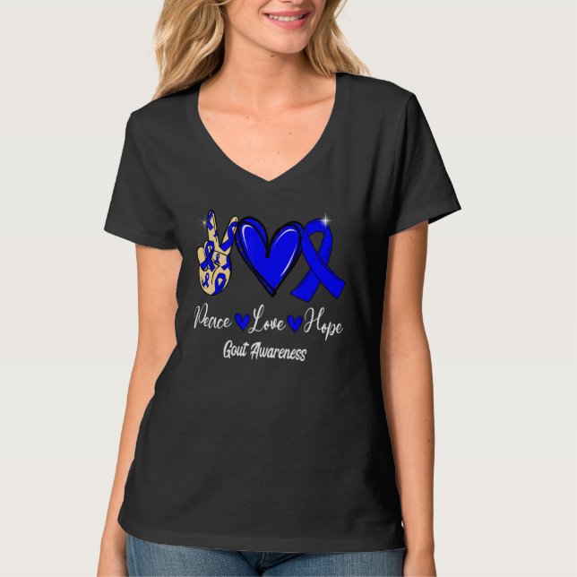 Gout Awareness Peace Love Hope Blue Ribbon T-Shirt (Vorderseite)