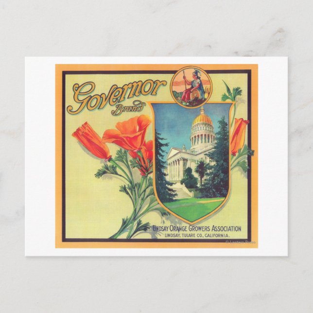 Governor Orange LabelLindsay, CA Postkarte (Vorderseite)