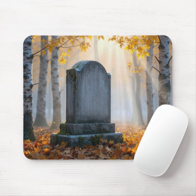 Grabstein auf einem nebligen Herbstfriedhof Mousepad (Mit Mouse)