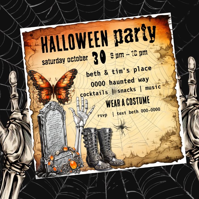 Grabstein Butterfly Skelett und Stiefel Halloween Einladung (Butterfly, boots and a tombstone with skeleton on a customizable Halloween party invitation. )