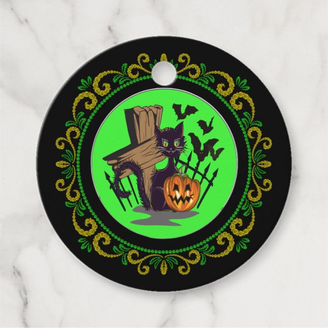 Grabstein der gelben grünen Katze Halloween Geschenkanhänger (Vorderseite)