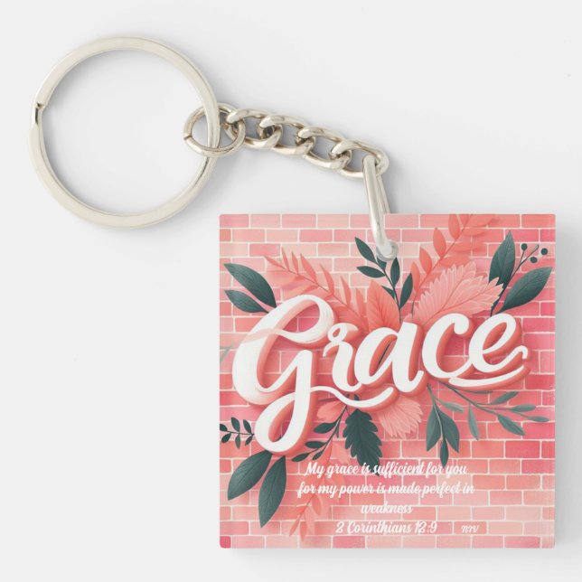 Grace Bible Verse Pink Brick Floral Schlüsselanhänger (Vorderseite)