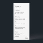 Grace Black and White Modern Wedding Menükarte<br><div class="desc">Modernes Hochzeitsmenü mit einfachem und minimalem geometrischem Design mit einer vertikalen Linie entlang der links Seite mit der Speisekarte in links Ausrichtung. Die Header sind in einem Handschrift-Skript für eine elegante Touch. In der rechten unteren Ecke befindet sich das erste Monogramm über eine kleine horizontale Linie. Die Farbpalette kann im...</div>