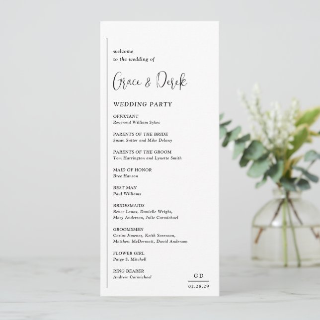 Grace Black and White Modern Wedding Programm (Stehend Vorderseite)