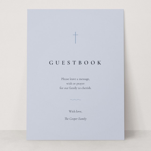 Grace Blue Minimal Cross Gästebuch-Tischschild (Grace | Blue - Sign Our Guestbook Card Sign, 6.5 x 8.75")