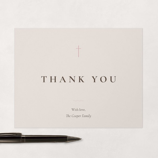 Grace Blush Minimal Kreuz religiös Dankeskarte (Grace | Blush - Correspondence Style Flat Thank You Card, Front)