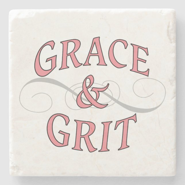 Grace & Grit Worte in Rosa & Grau Steinuntersetzer (Vorderseite)
