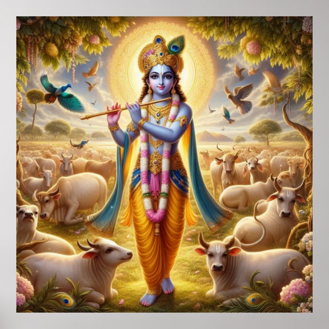Graceful Blue Pastoral Gopala Krishna Art Design Poster (Vorne)