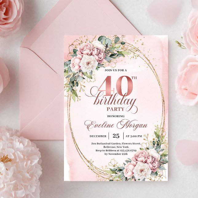 Graceful Bohemian Blush Floral Gold 40th Birthday Einladung (Graceful Bohemian Blush Floral 40th Birthday Invitation)