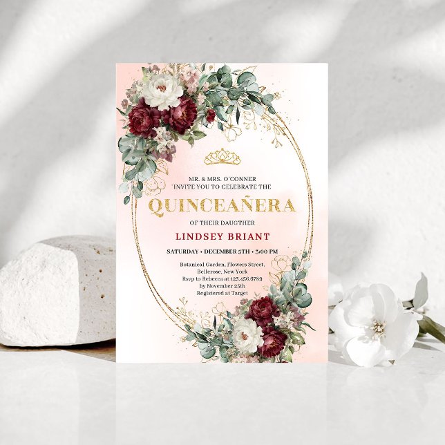 Graceful Bohemian Burgundy Peonies Quince Invite Einladung (Graceful Bohemian Burgundy Peonies Quince Invite)