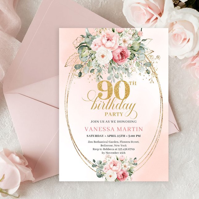 Graceful Boho Blush Floral Greenery Gold Birthday Einladung (Refined Blush Roses Gold Minimal 90th Birthday Invite)